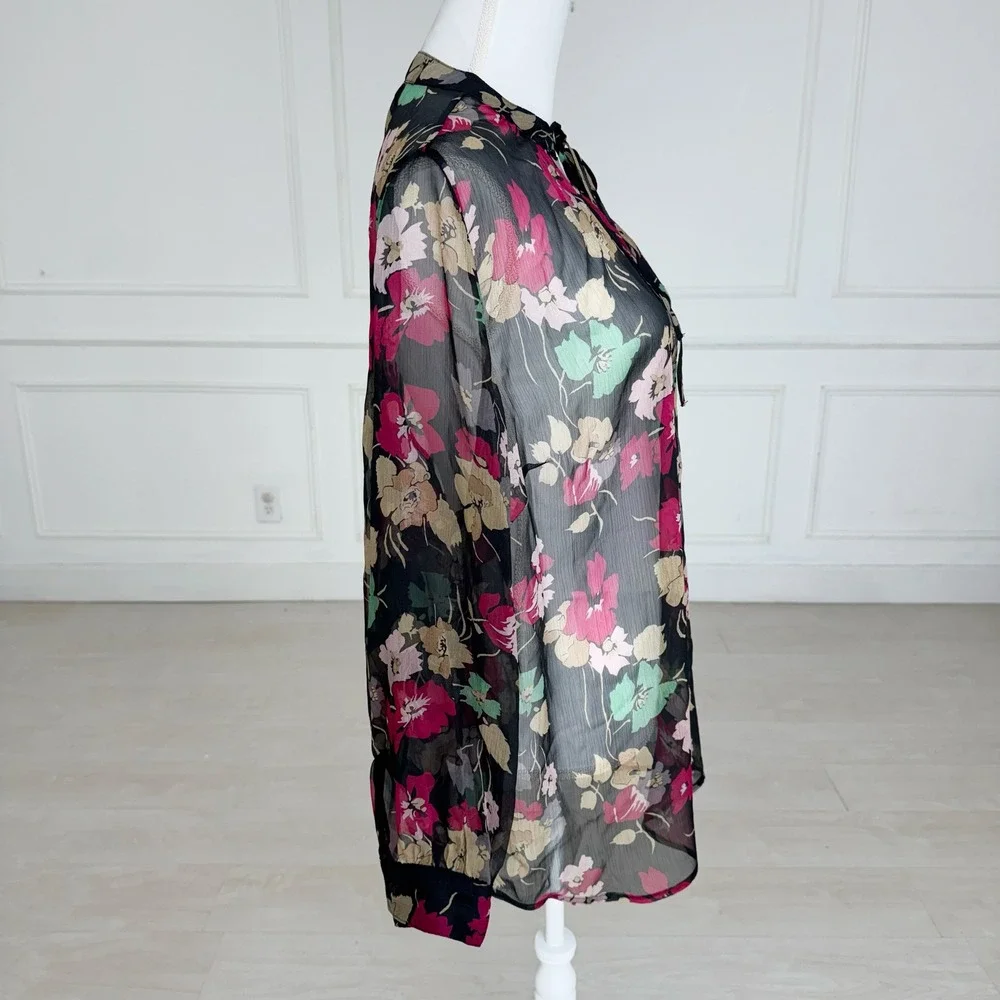 Lauren Ralph Lauren Blouse Womens 2X Black Floral Sheer Tie Neck Long Sleeve Top